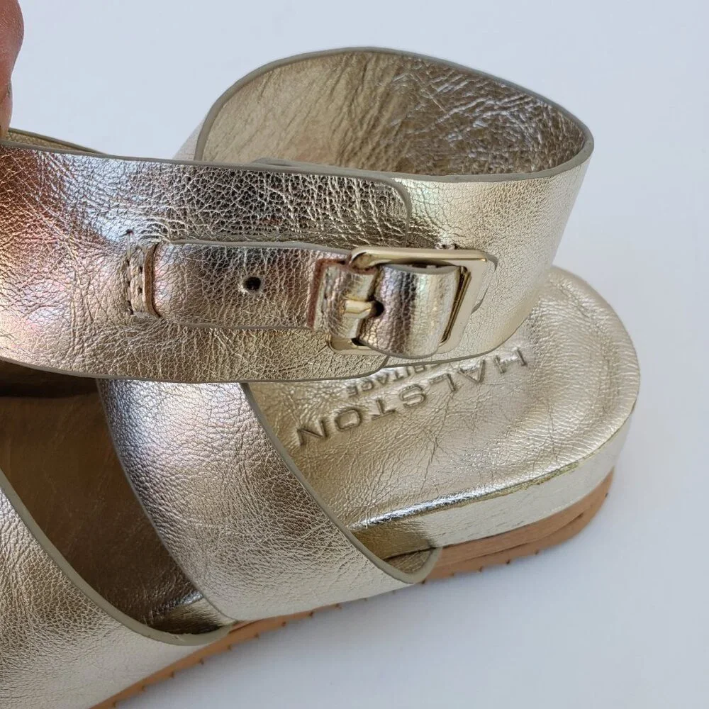 Halston gold peep toe ankle strap crossover Neli sandals - Picture 11 of 11